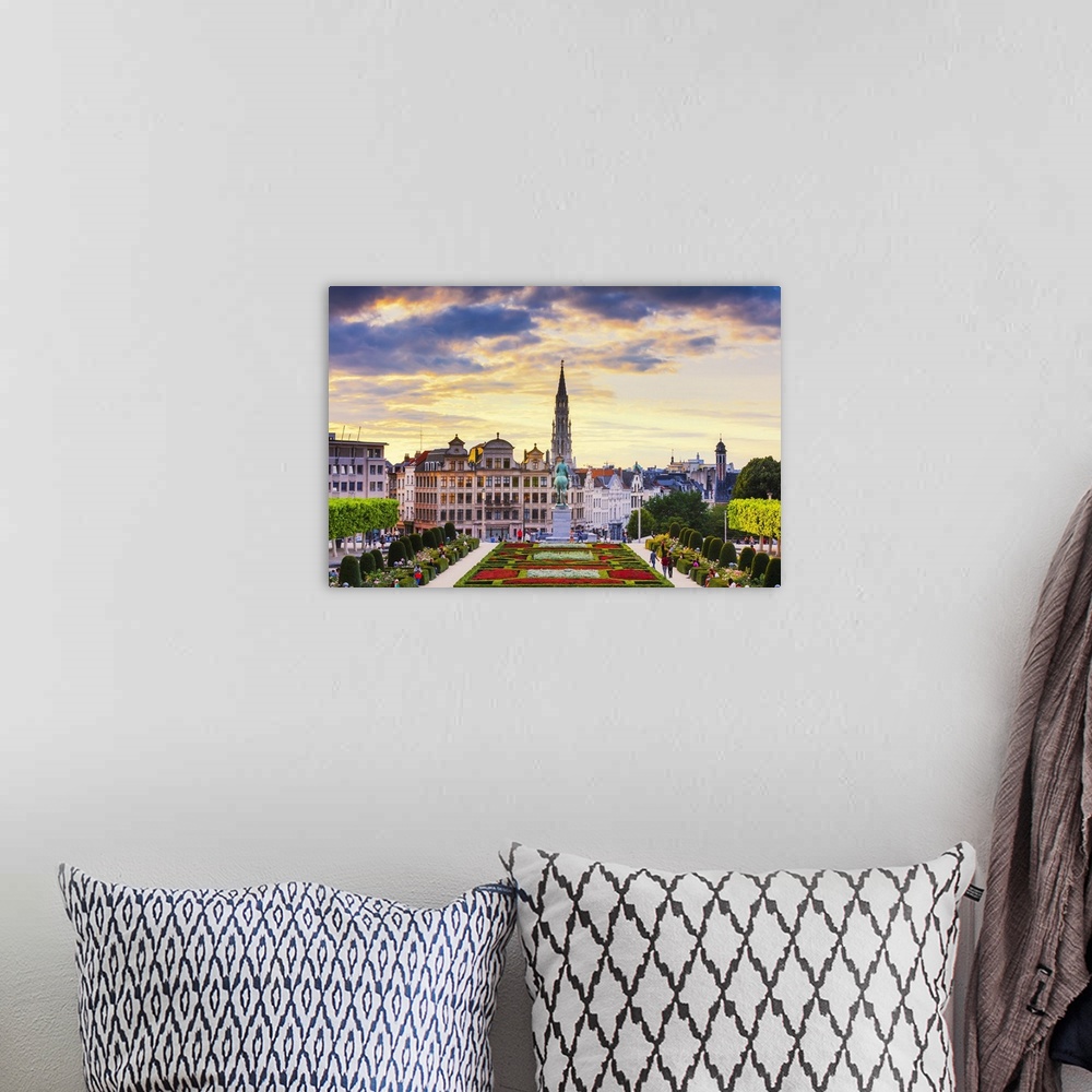 A bohemian room featuring View of the Brussels town hall and the Mont des Arts park at dusk, Belgium