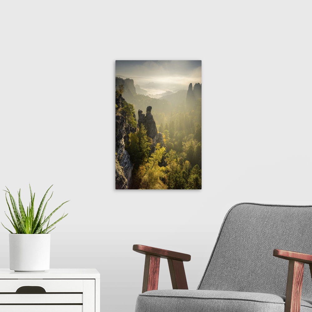 A modern room featuring View of the Zitronenkopf rocks in the Elbe Sandstone Mountains, Saxon Switzerland National Park, ...