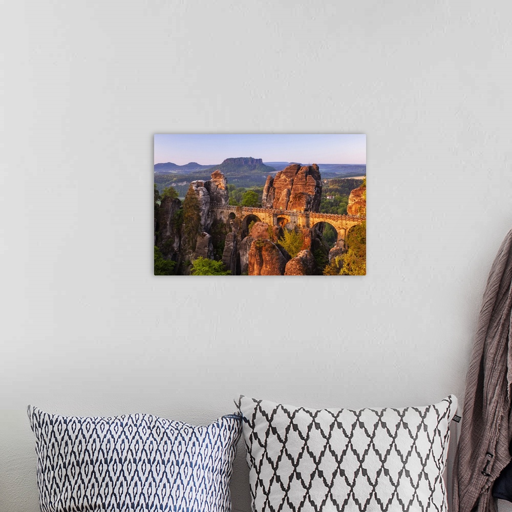 A bohemian room featuring View over the Bastei bridge to the Lilienstein, Elbe Sandstone Mountains, National Park Saxon Swi...