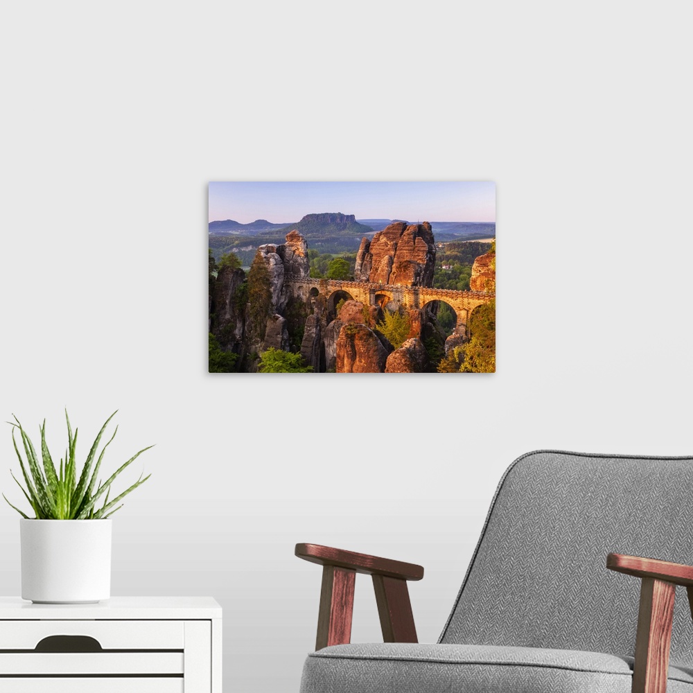 A modern room featuring View over the Bastei bridge to the Lilienstein, Elbe Sandstone Mountains, National Park Saxon Swi...