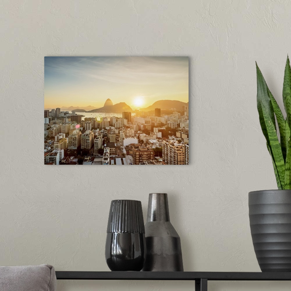 A modern room featuring View over Botafogo towards the Sugarloaf Mountain at sunrise, Rio de Janeiro Brazil