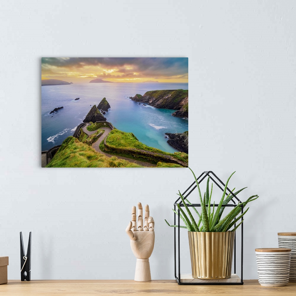 A bohemian room featuring View over Dunquin Pier towards Blasket Islands at dusk, Dingle Peninsula, County Kerry, Ireland