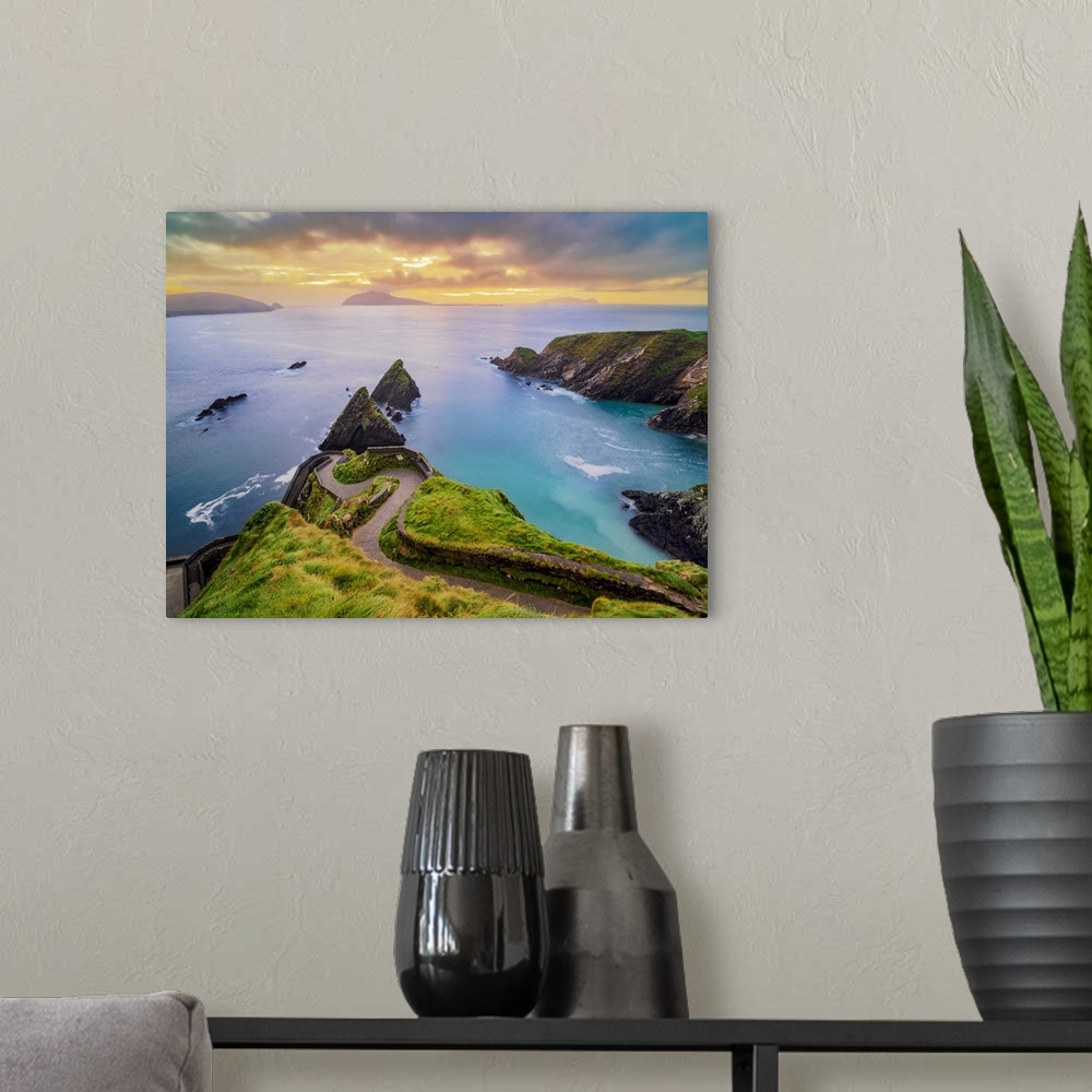 A modern room featuring View over Dunquin Pier towards Blasket Islands at dusk, Dingle Peninsula, County Kerry, Ireland