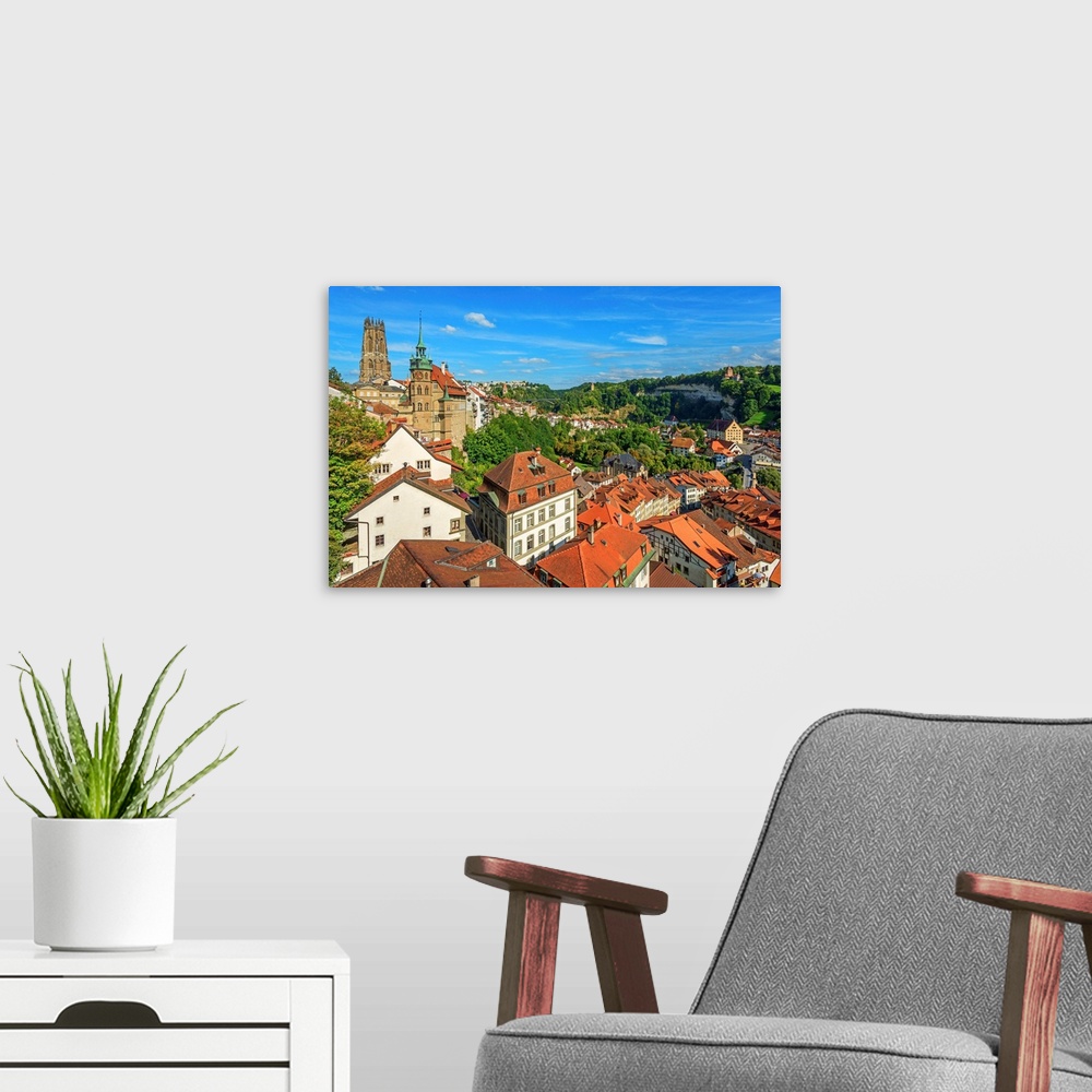 A modern room featuring View Over Fribourg With Cathedral And Town Hall, Fribourg, Switzerland