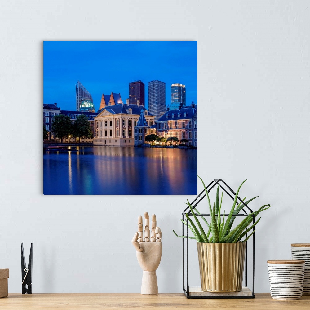 A bohemian room featuring View Over Hofvijver Towards Mauritshuis Art Museum And City Center, Twilight, The Hague, South Ho...