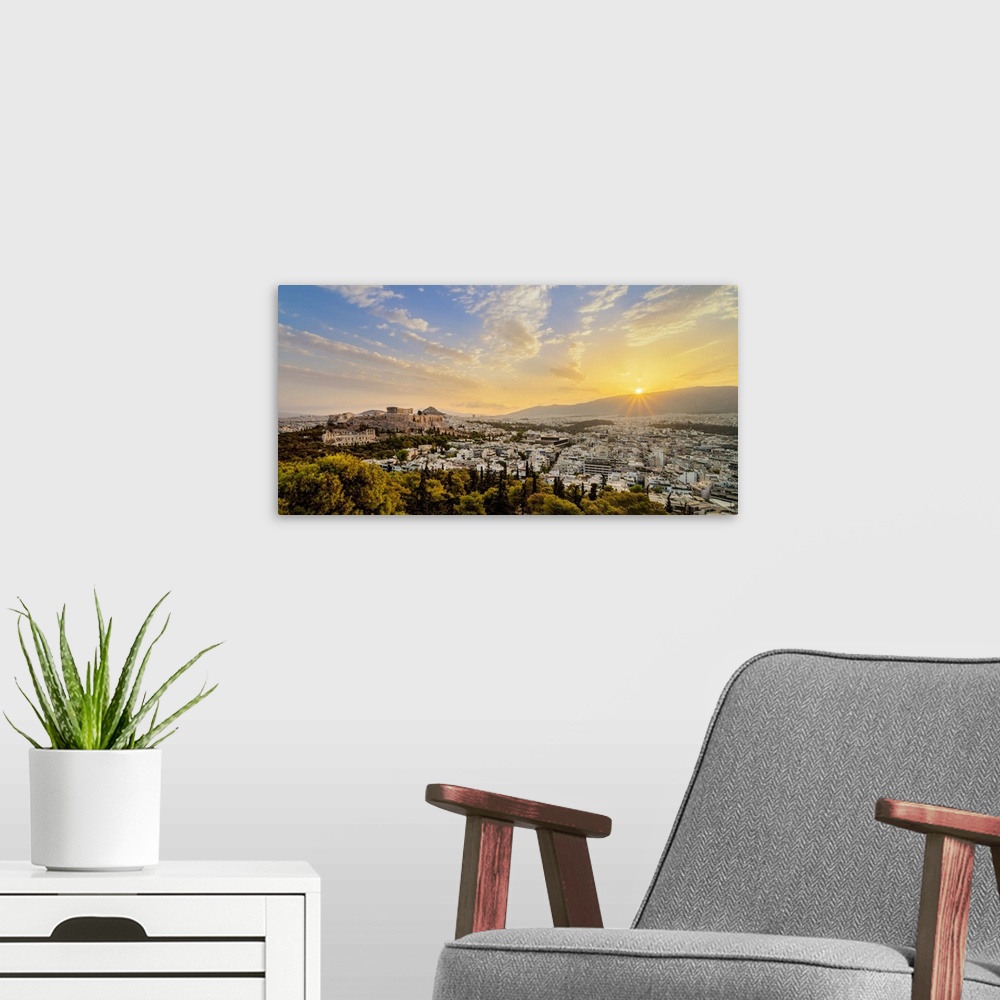 A modern room featuring View towards Acropolis at sunrise, Athens, Attica, Greece
