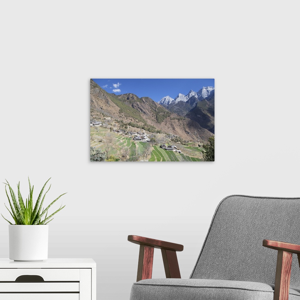 A modern room featuring Village in Tiger Leaping Gorge and Jade Dragon Snow Mountain (Yulong Xueshan), Yunnan, China.