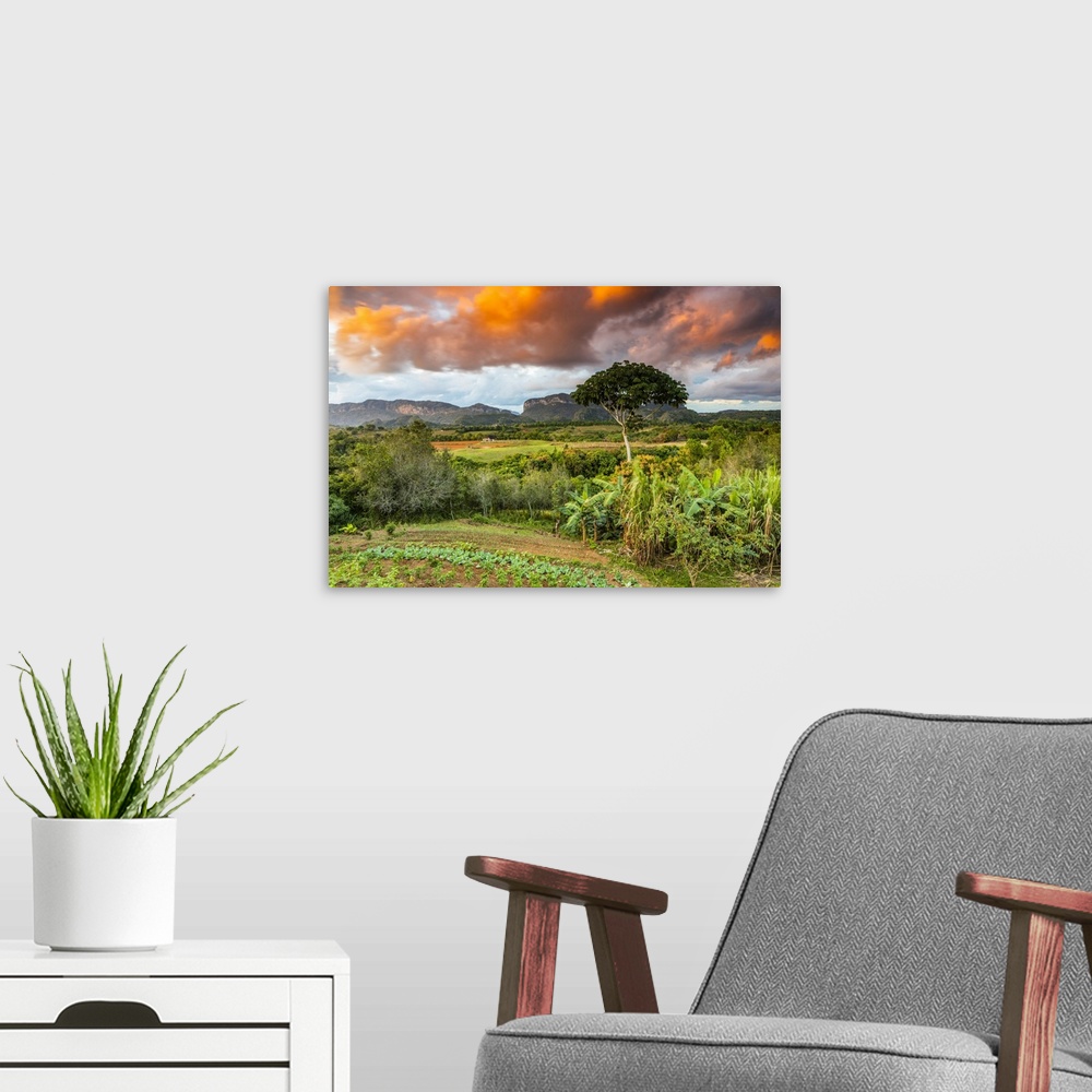A modern room featuring Vinales Valley at sunset, Pinar del Rio Province, Cuba