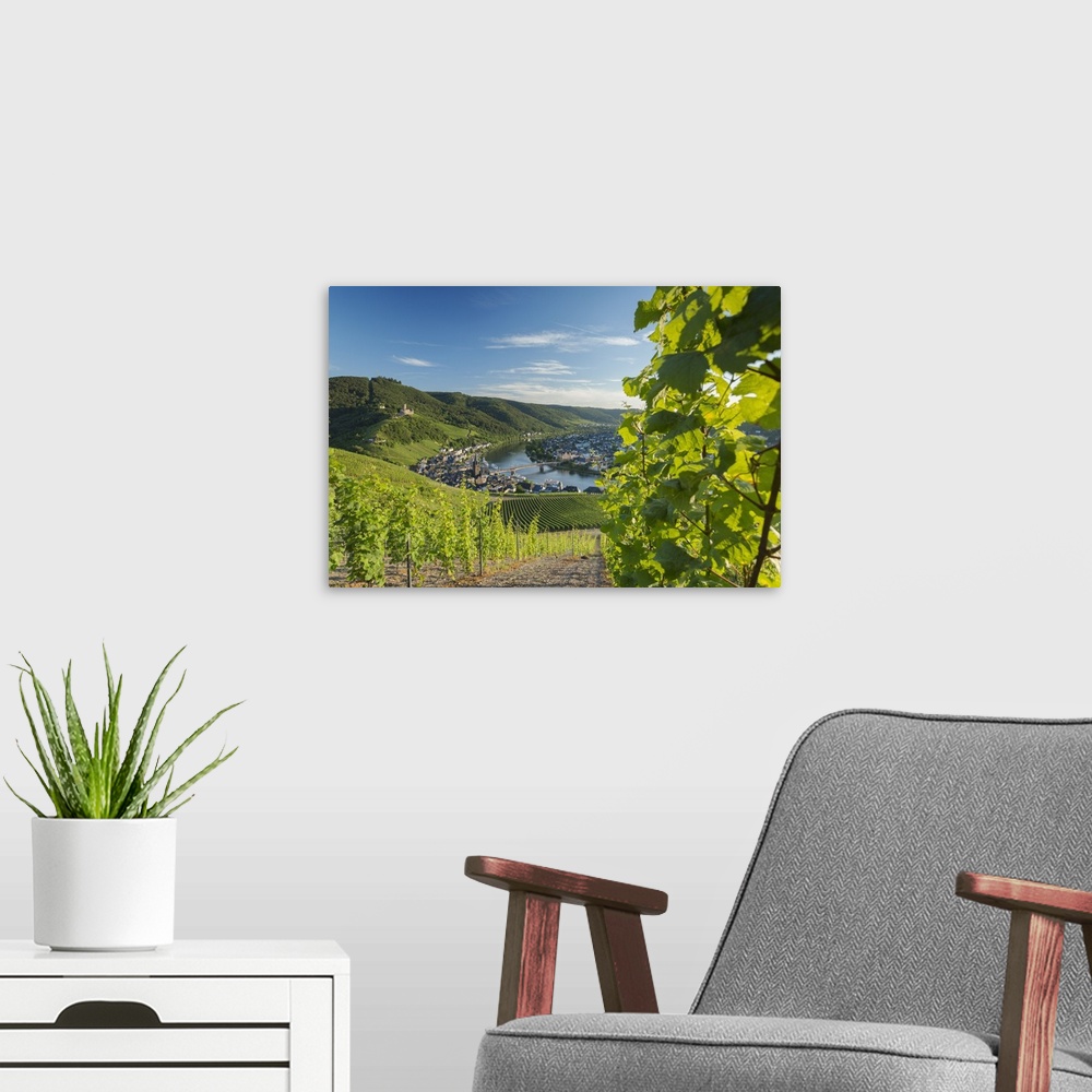 A modern room featuring View of vineyards and River Moselle, Bernkastel-Kues, Rhineland-Palatinate, Germany.