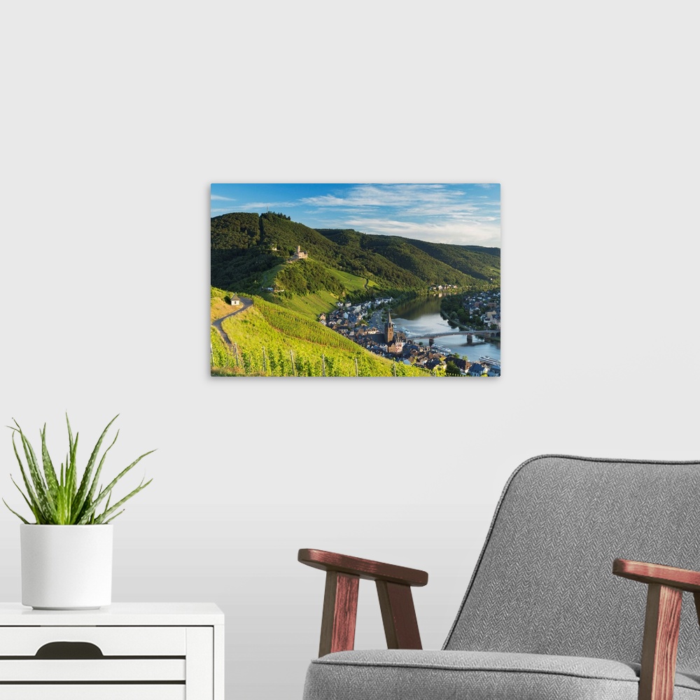 A modern room featuring View of vineyards and River Moselle, Bernkastel-Kues, Rhineland-Palatinate, Germany.