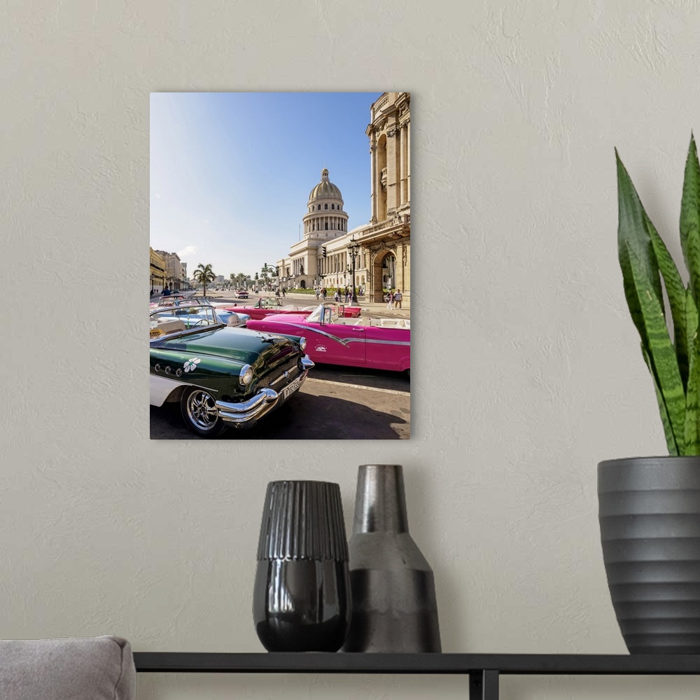 A modern room featuring Vintage cars at Paseo del Prado and El Capitolio, Havana, La Habana Province, Cuba
