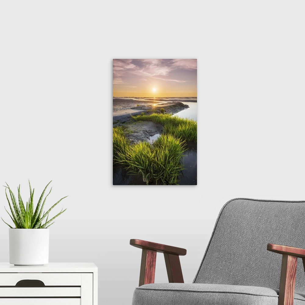 A modern room featuring Wadden Sea with low tide, Duhnen, Cuxhaven, Lower Saxony, Germany.