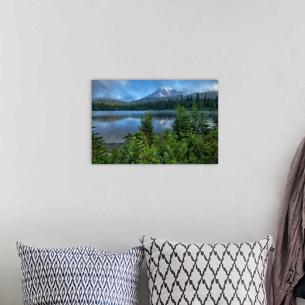 A bohemian room featuring USA; Pacific Northwest; Washington State, Mount Rainier National Park, Reflection lake with peak
