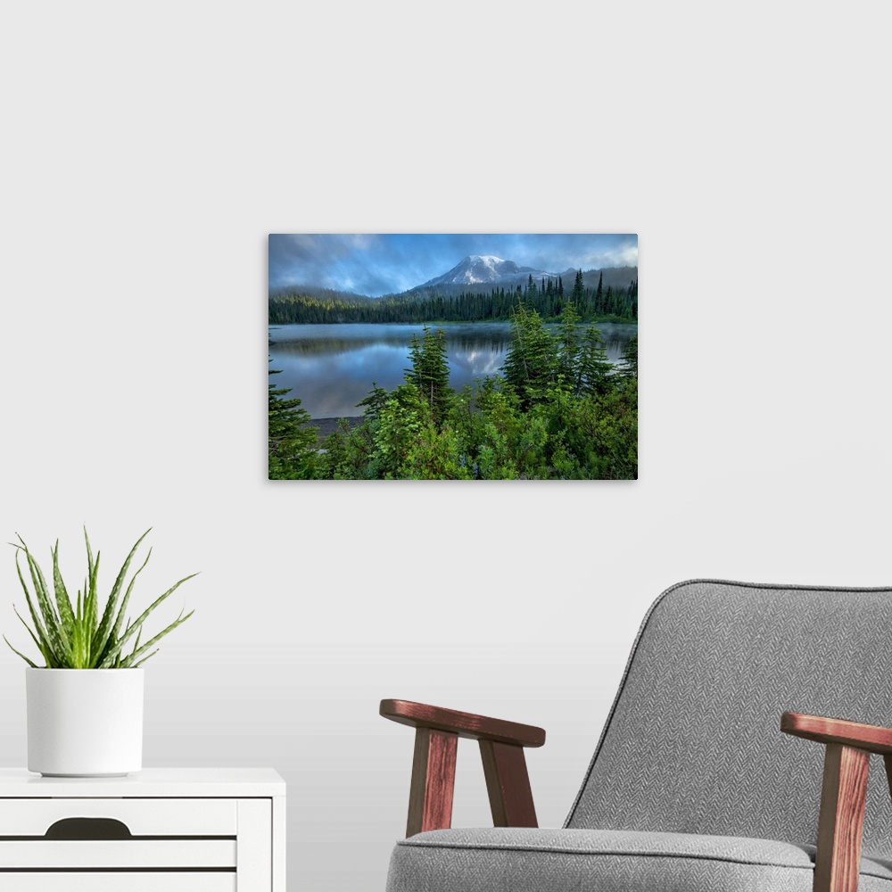A modern room featuring USA; Pacific Northwest; Washington State, Mount Rainier National Park, Reflection lake with peak