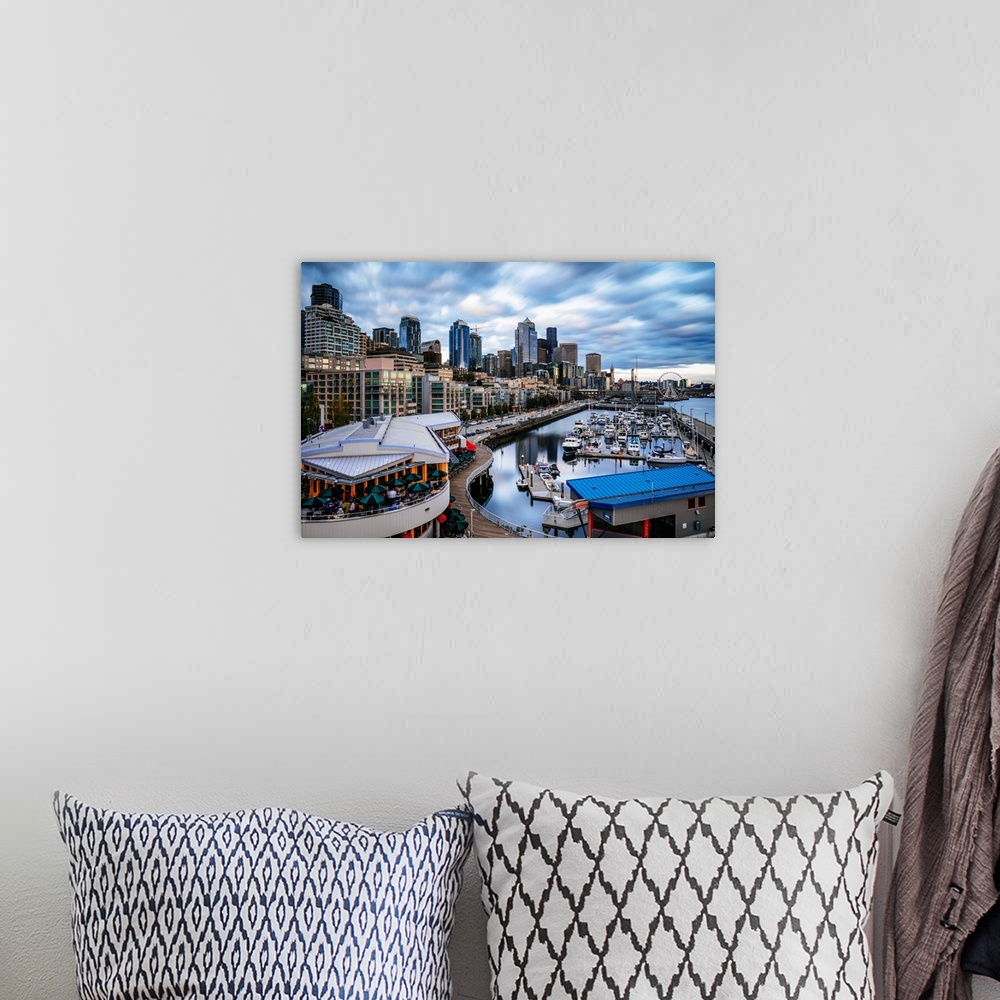 A bohemian room featuring Waterfront And Downtown District At Sunset, Pier 66, Seattle, Washington, USA