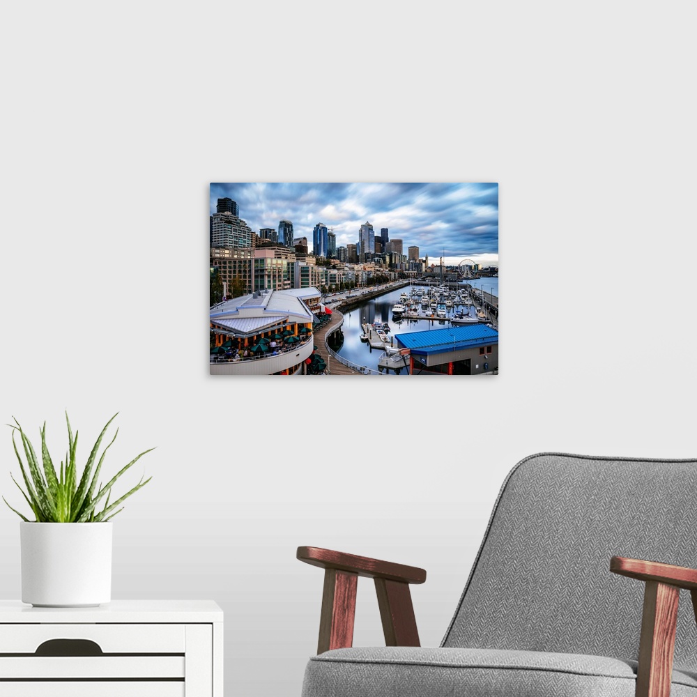 A modern room featuring Waterfront And Downtown District At Sunset, Pier 66, Seattle, Washington, USA
