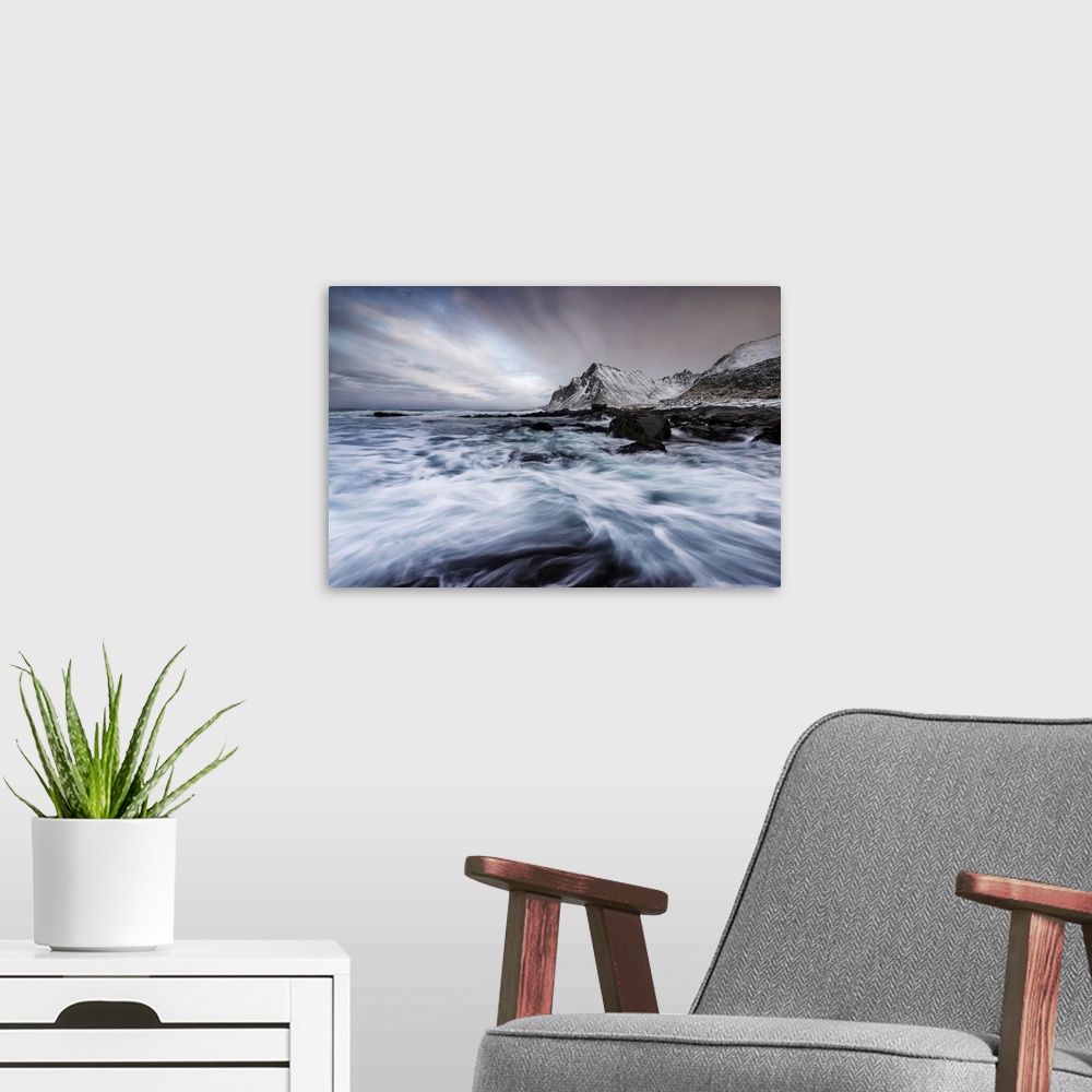A modern room featuring Waves crushing along the coast at Vikten, Lofoten islands, Norway