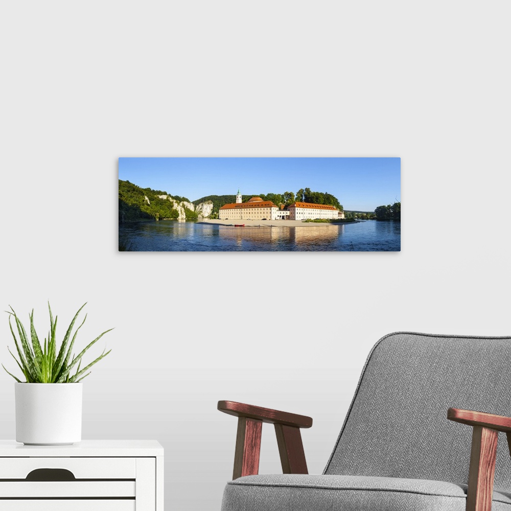 A modern room featuring Weltenburg Abbey and The River Danube, Lower Bavaria, Bavaria, Germany.