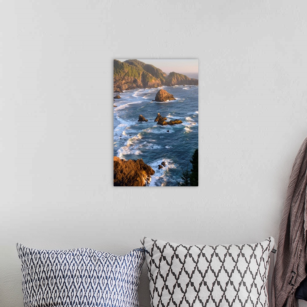 A bohemian room featuring USA, West Coast, Oregon, State Scenic Corridor, Sunset with waves crashing.