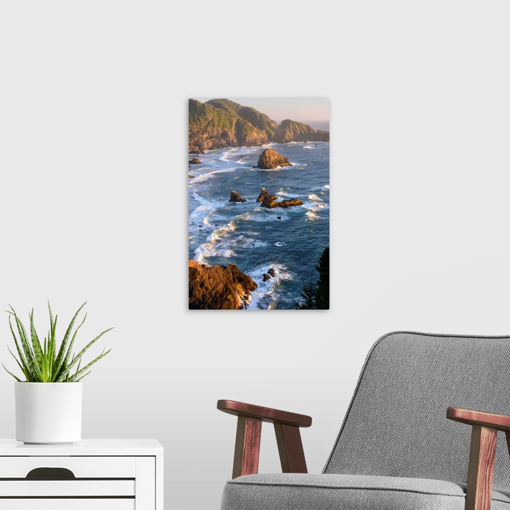 A modern room featuring USA, West Coast, Oregon, State Scenic Corridor, Sunset with waves crashing.