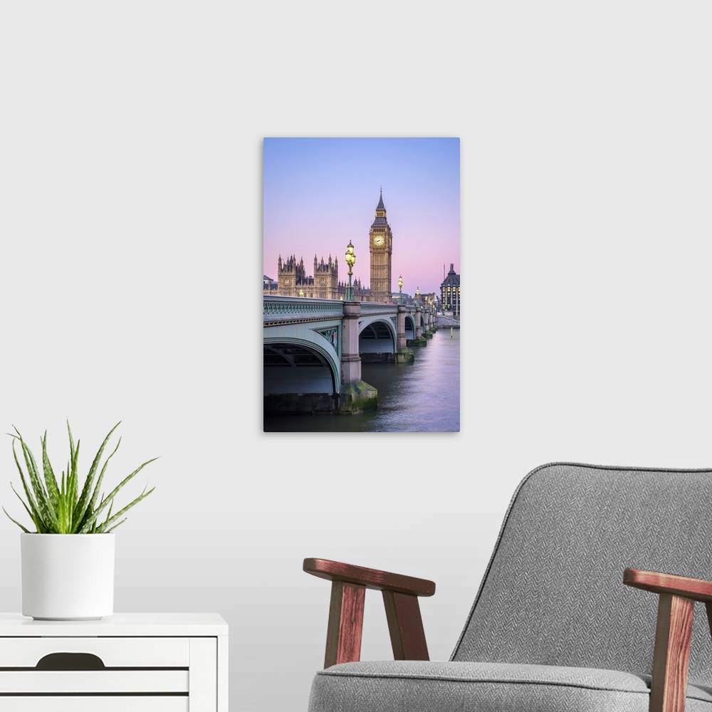 A modern room featuring United Kingdom, England, London. Westminster Bridge in front of Palace of Westminster and the clo...