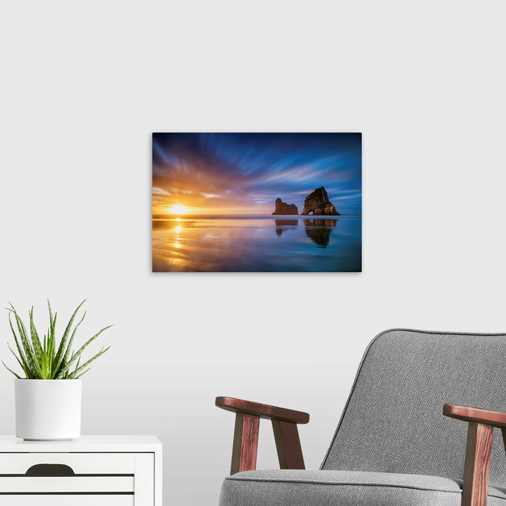 A modern room featuring Wharariki Beach At Sunset, New Zealand