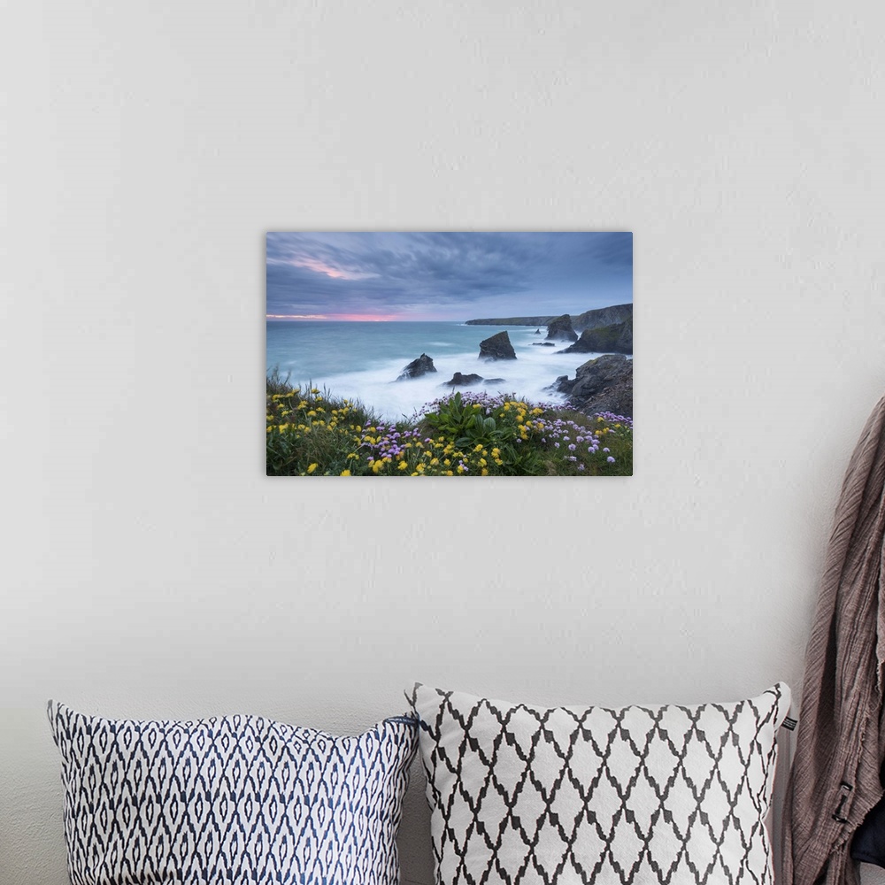 A bohemian room featuring Wildflowers growing on the clifftops above Bedruthan Steps on a stormy evening, Cornwall, England...