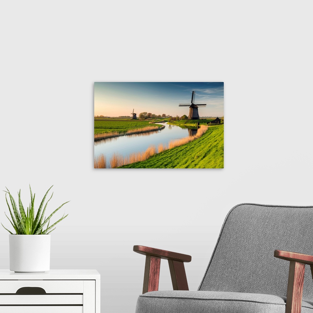 A modern room featuring Windmill Along Canal, near Schermerhorn, North Holland, Netherlands.