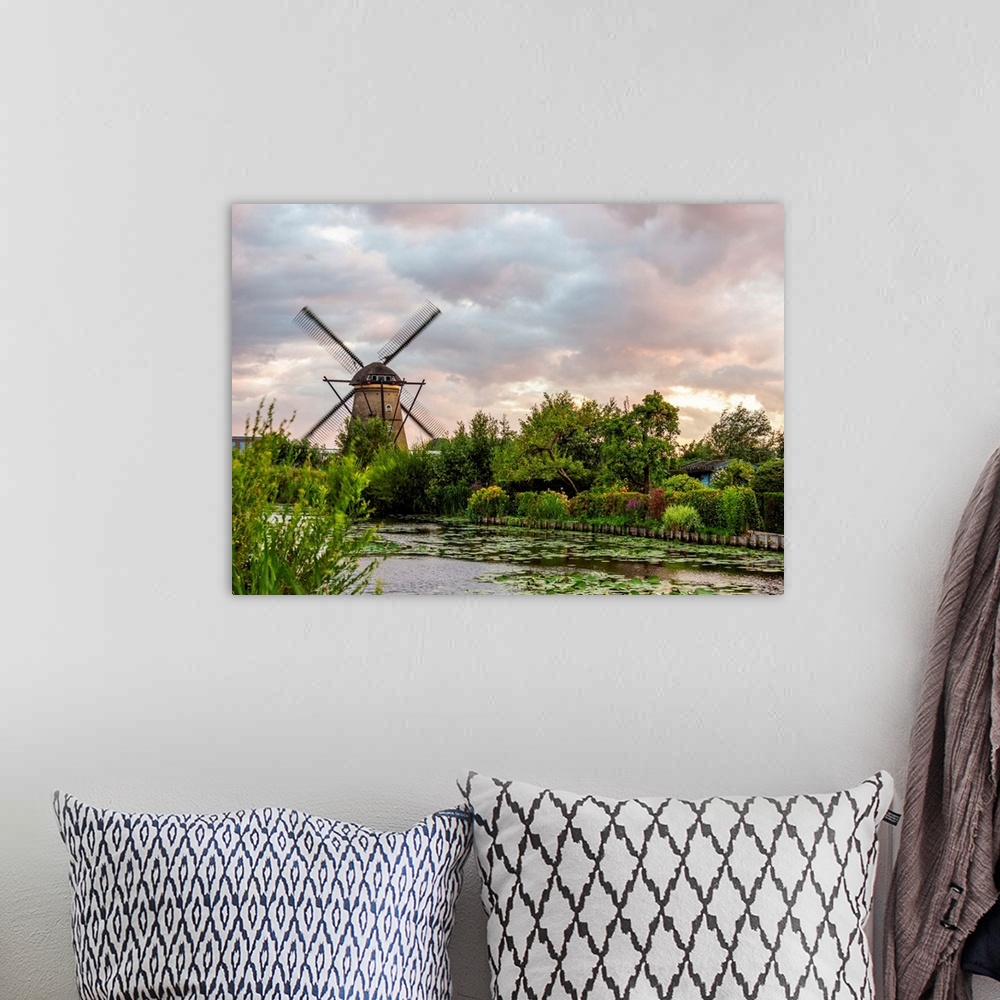 A bohemian room featuring Windmill In Kinderdijk At Sunset, UNESCO World Heritage Site, South Holland, The Netherlands
