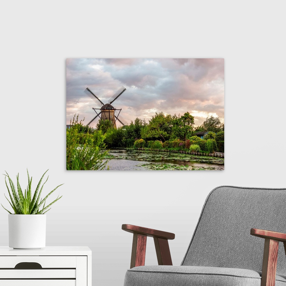 A modern room featuring Windmill In Kinderdijk At Sunset, UNESCO World Heritage Site, South Holland, The Netherlands