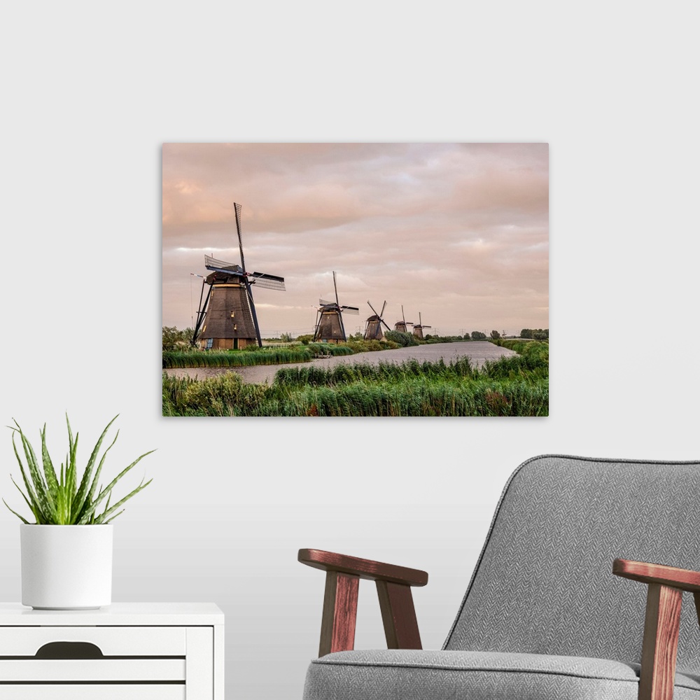 A modern room featuring Windmills In Kinderdijk At Sunset, UNESCO World Heritage Site, South Holland, The Netherlands