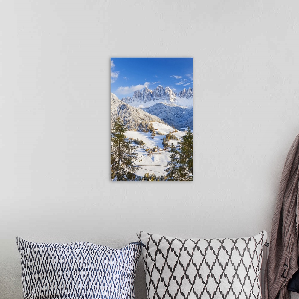 A bohemian room featuring Winter snow; St. Magdalena village; Geisler Spitzen (3060m); Val di Funes; Dolomites mountains; T...