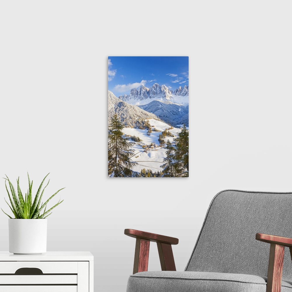 A modern room featuring Winter snow; St. Magdalena village; Geisler Spitzen (3060m); Val di Funes; Dolomites mountains; T...