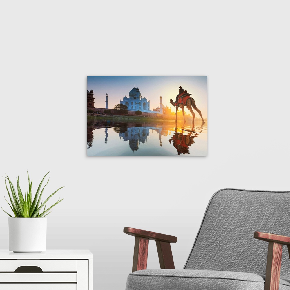 A modern room featuring India, Woman Crossing The Yamuna River On A Camel With The Taj Mahal In The Background At Sunset
