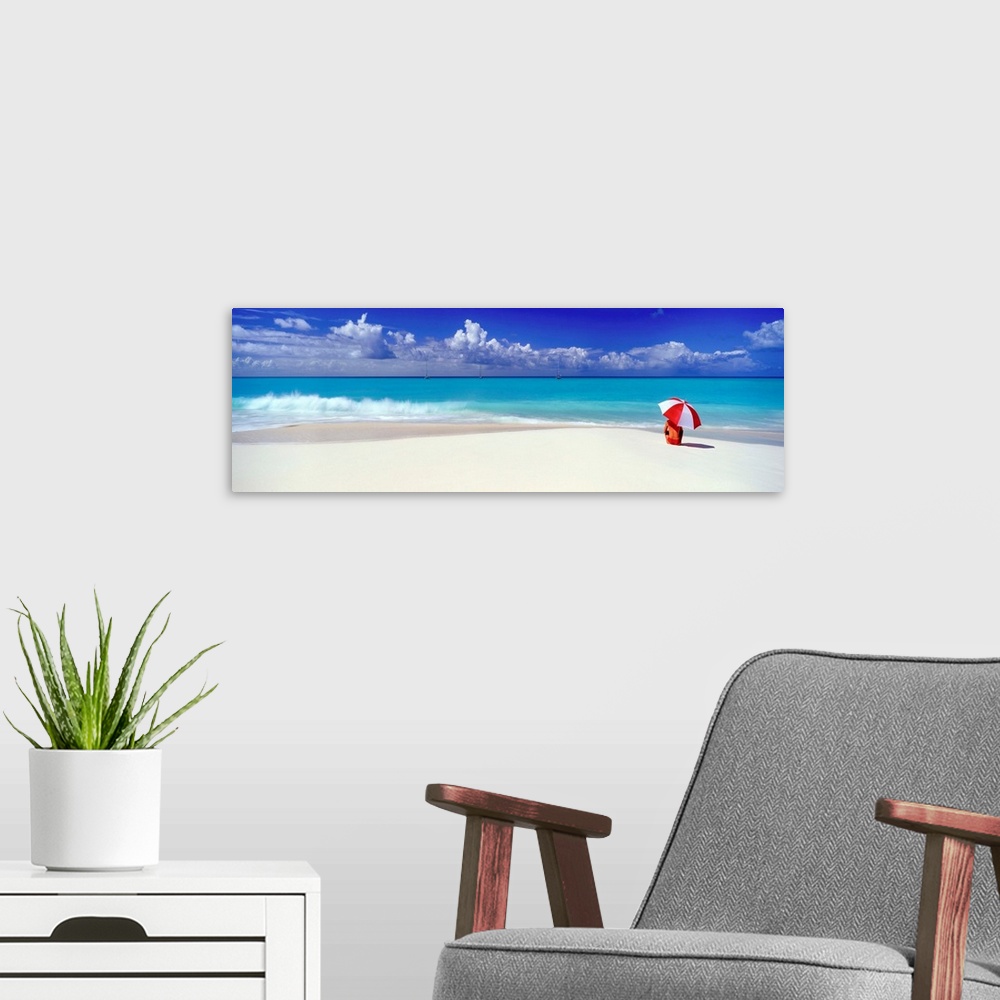 A modern room featuring Woman With Red And White Umbrella On Beach, Barbuda, Caribbean, West Indies