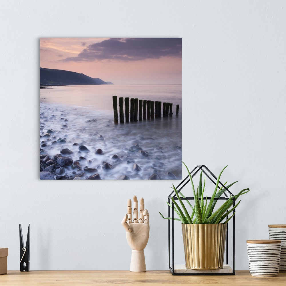 A bohemian room featuring Wooden groynes on Bossington Beach at sunset, Exmoor National Park, Somerset, England. Spring