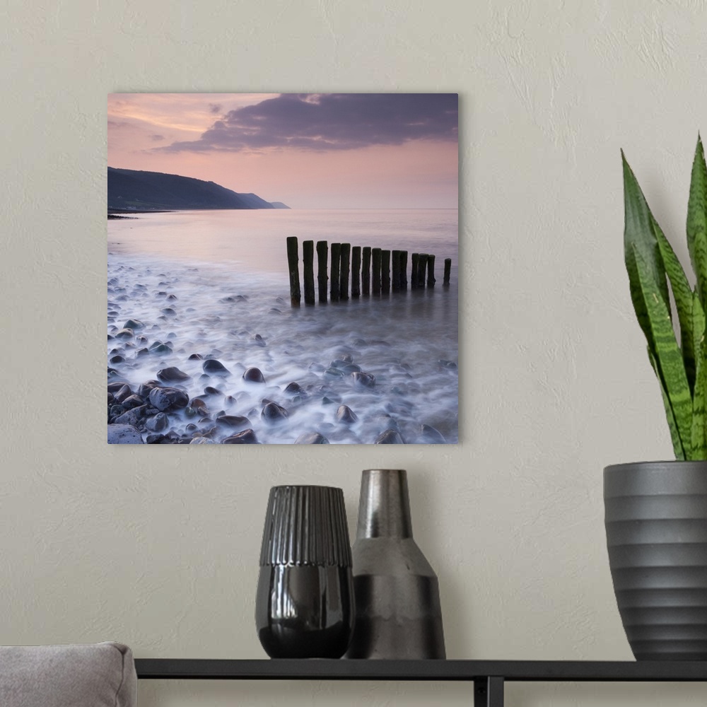 A modern room featuring Wooden groynes on Bossington Beach at sunset, Exmoor National Park, Somerset, England. Spring