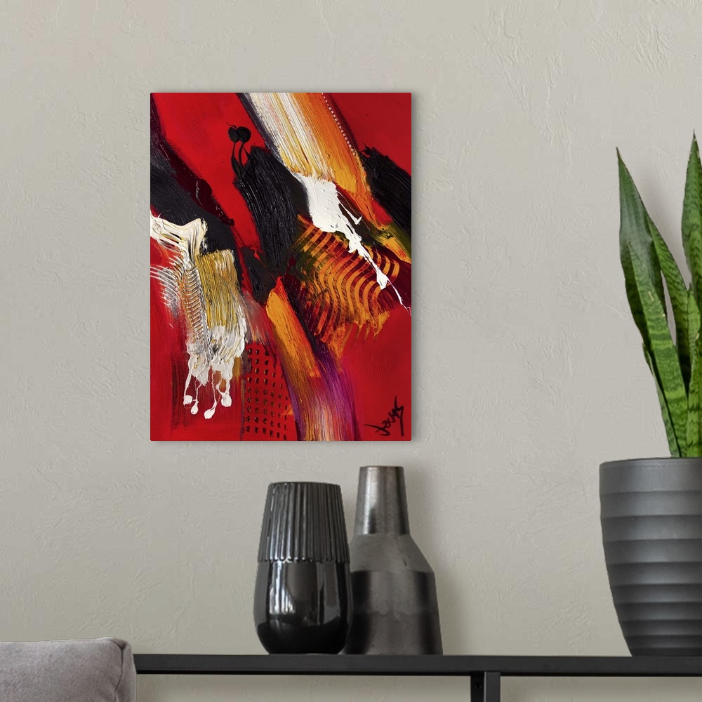 A modern room featuring Contemporary abstract painting using wild and vivid colors to create movement and depth.