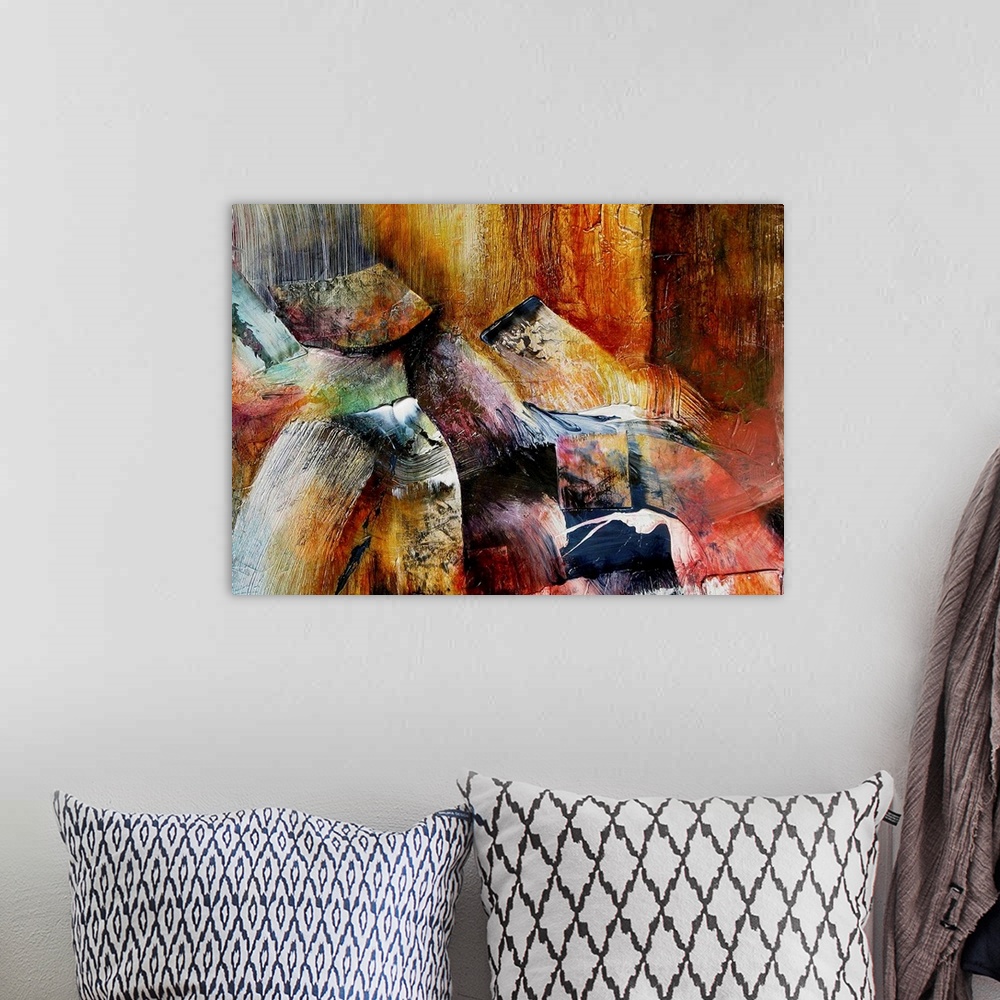A bohemian room featuring Abstract art with colorful wide paint strokes in multiple directions