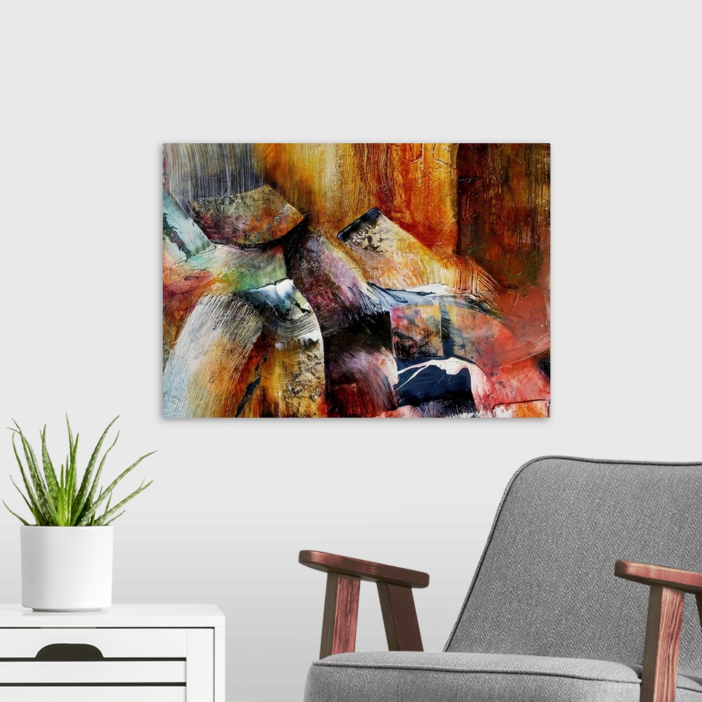 A modern room featuring Abstract art with colorful wide paint strokes in multiple directions
