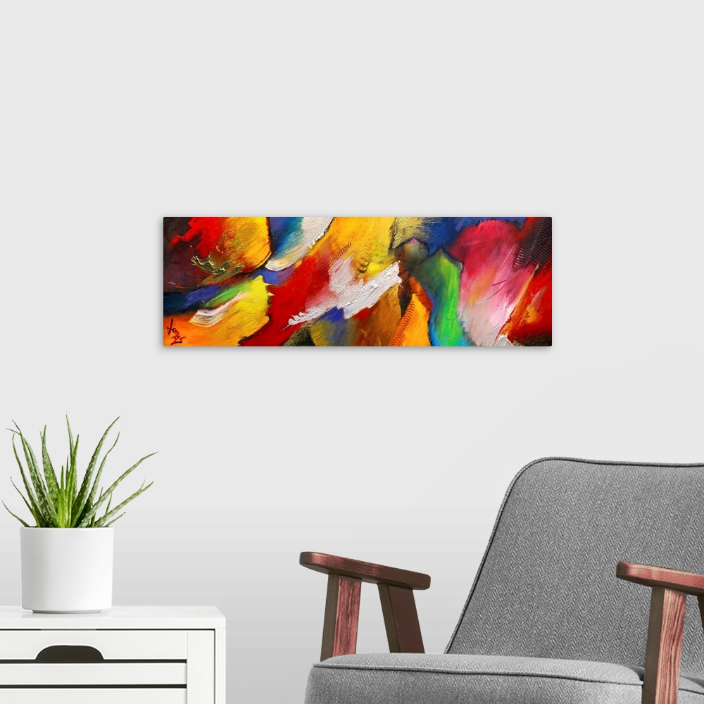 A modern room featuring Panoramic abstract art focuses on diagonal lines of movement that are filled with intense colors ...
