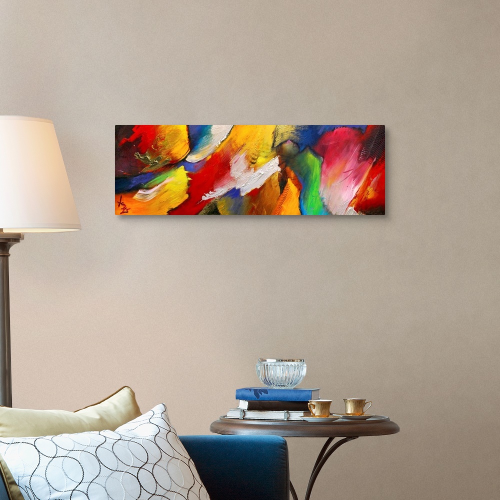A traditional room featuring Panoramic abstract art focuses on diagonal lines of movement that are filled with intense colors ...