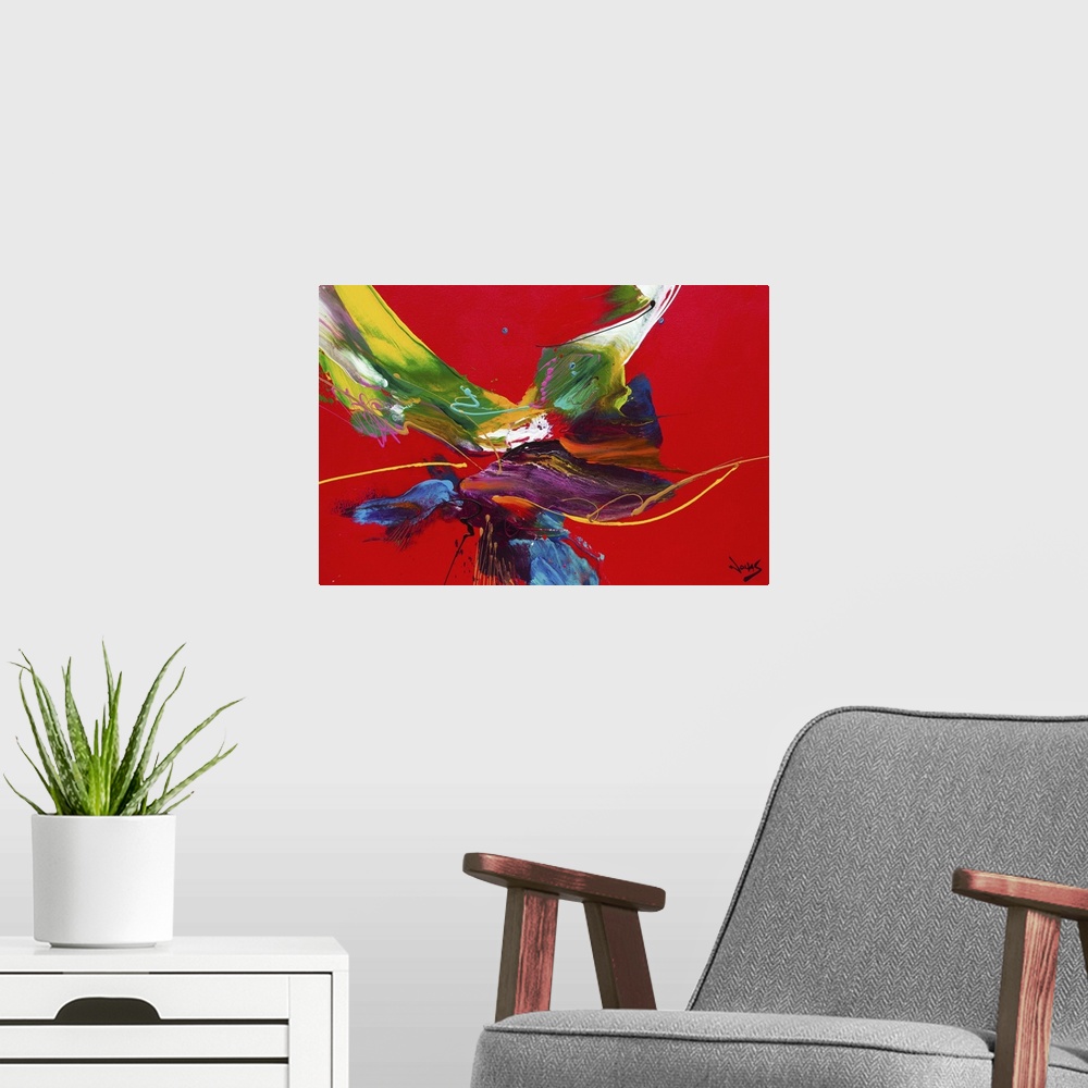 A modern room featuring Contemporary abstract painting using splashes of wild and vivid colors against a stark red backgr...