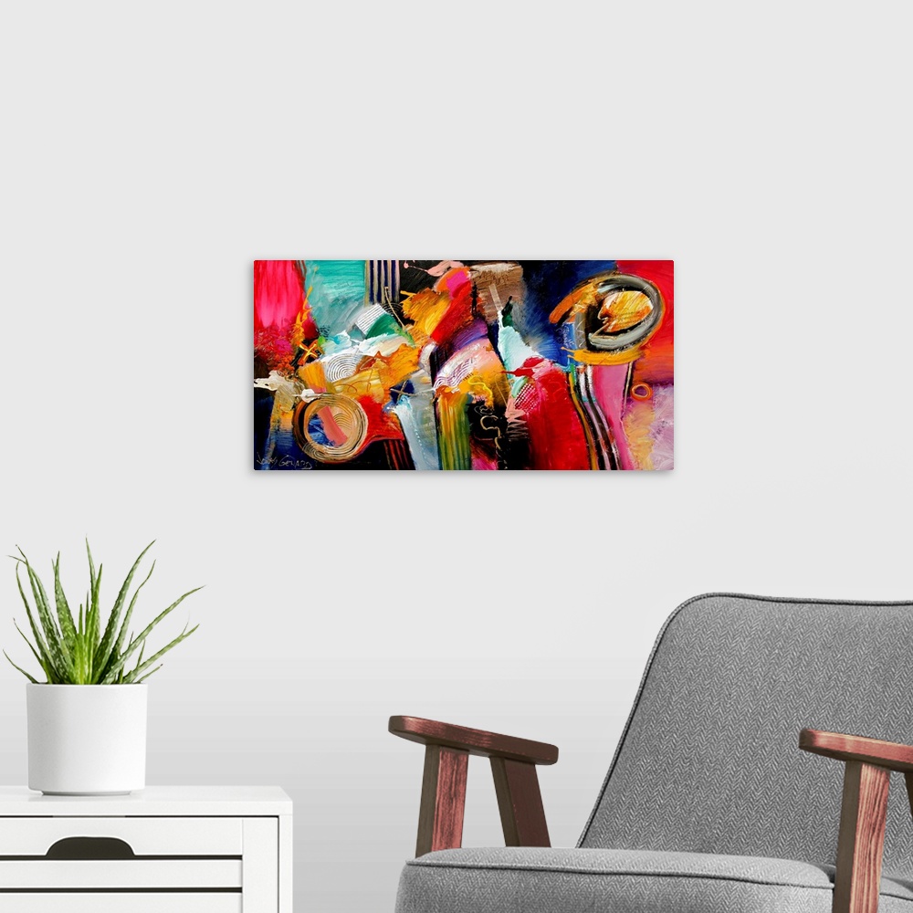 A modern room featuring Landscape, abstract painting in many colors and a variety of shapes in a large cluster, using a m...