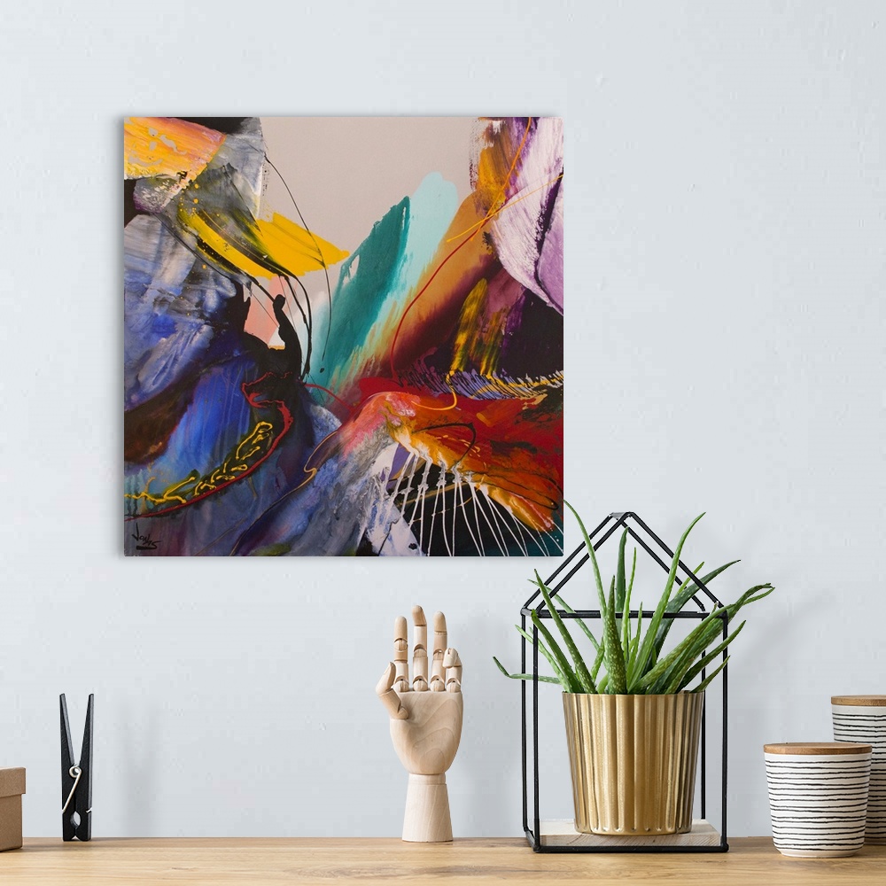 A bohemian room featuring Contemporary abstract painting using wild and vivid colors coming together to create depth.
