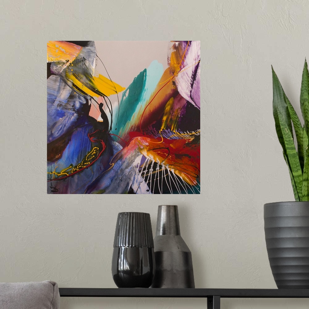 A modern room featuring Contemporary abstract painting using wild and vivid colors coming together to create depth.