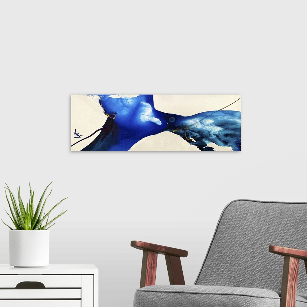 A modern room featuring A contemporary abstract painting of a converging of deep blue tones against a neutral background.
