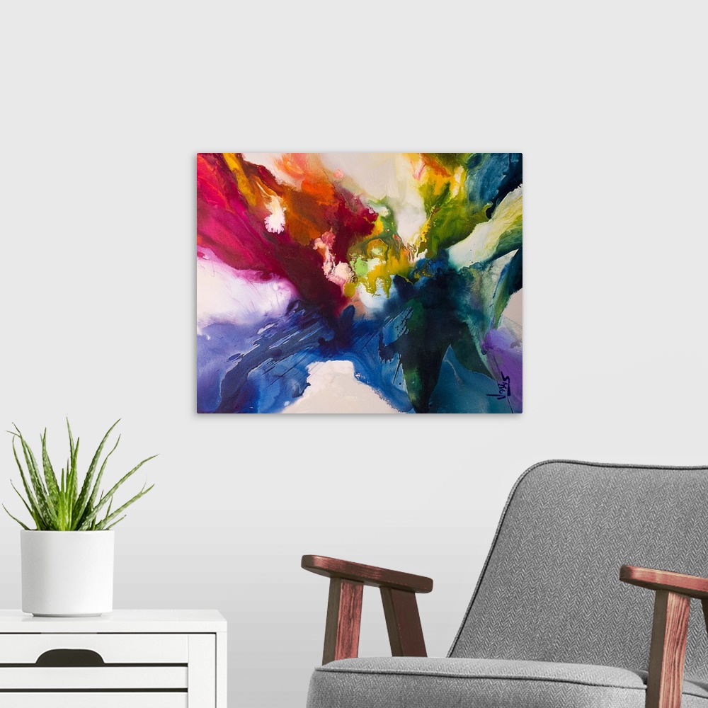 A modern room featuring Contemporary abstract painting using a convergence of textures and tones spanning the gamut of co...