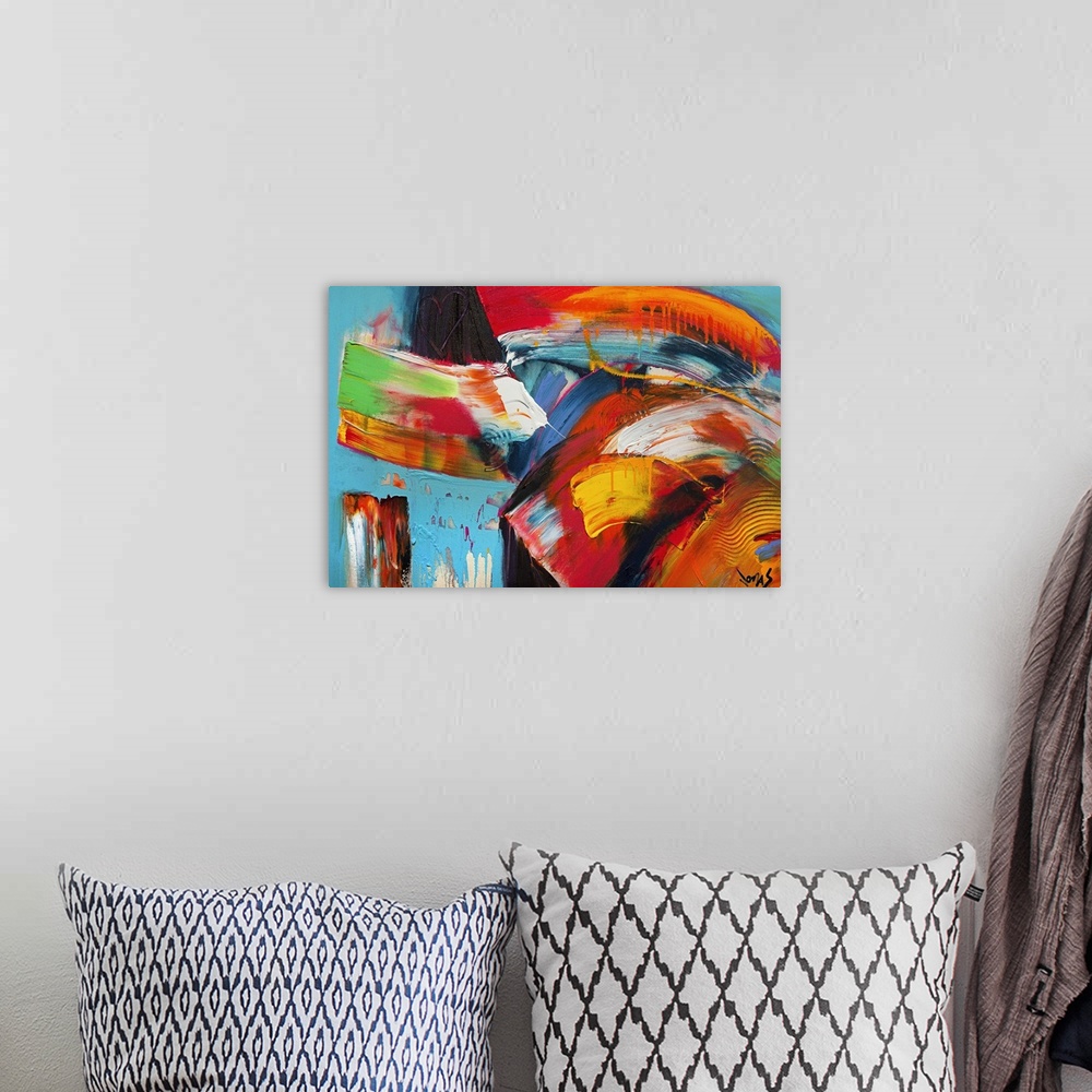 A bohemian room featuring Abstract artwork that uses various colors and painting techniques with large brushstrokes applied...