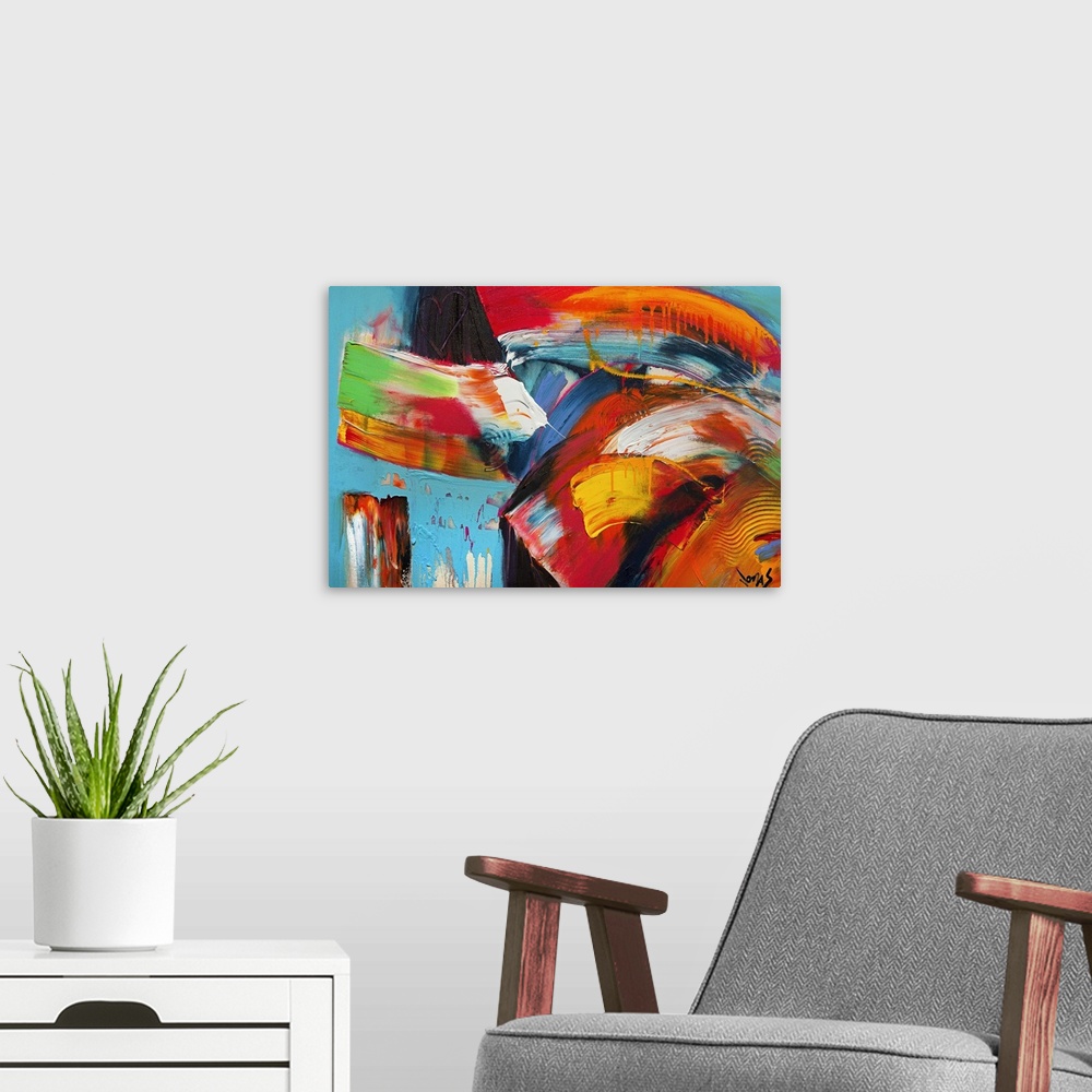 A modern room featuring Abstract artwork that uses various colors and painting techniques with large brushstrokes applied...